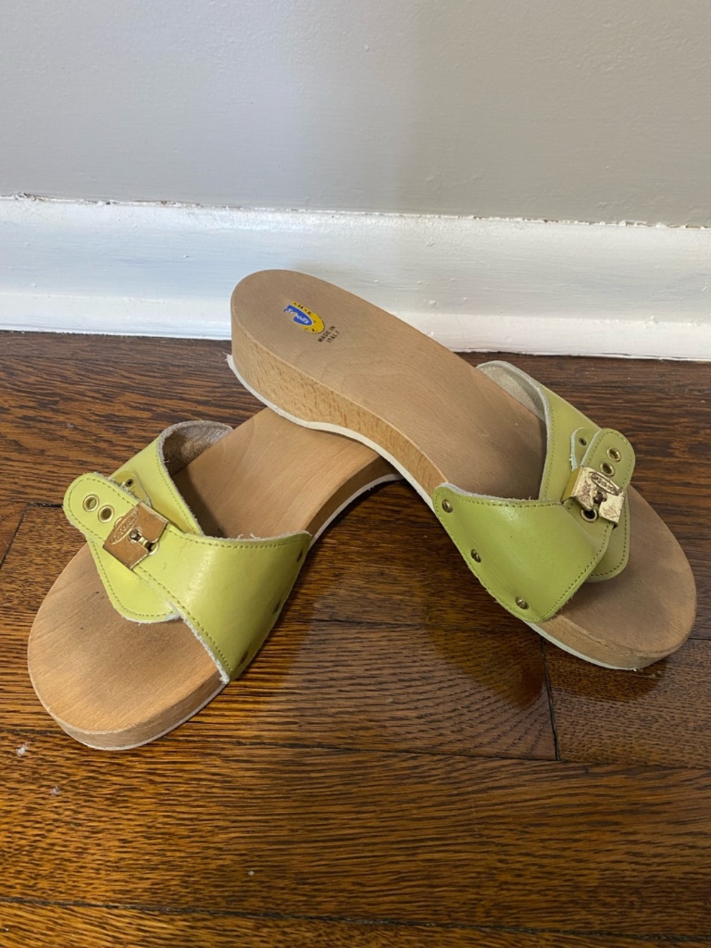 Lime Green Leather Buckle Slide Clogs Size 8.5
